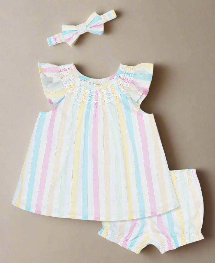 smocked stripes woven short set & headband