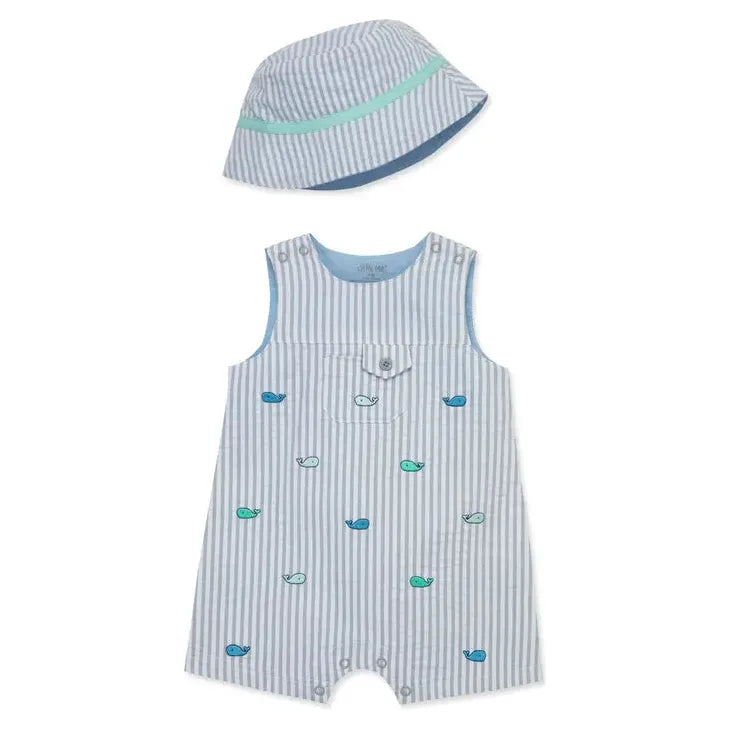 whales cotton seersucker romper & hat set