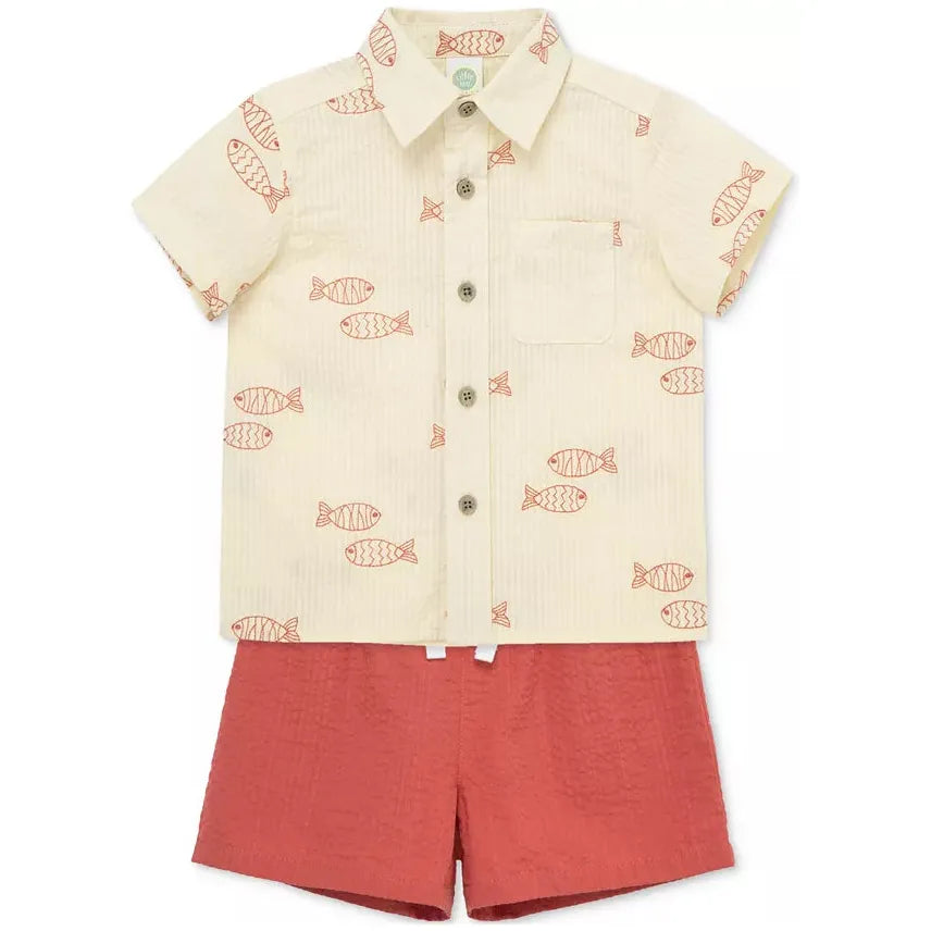 fish-printed woven short set