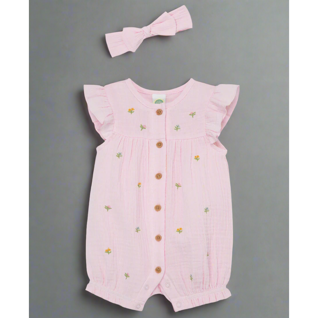 pink floral gauze romper & headband set