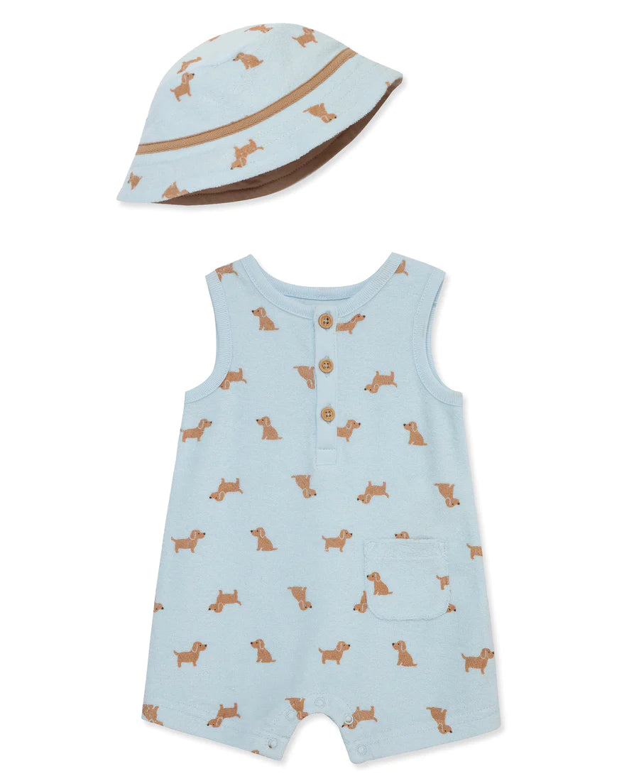 puppies terry romper & hat set