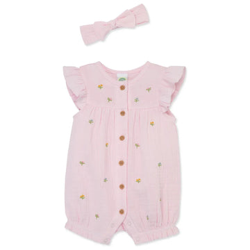 Pink Floral Gauze Romper & Headband Set PEEK A BOO