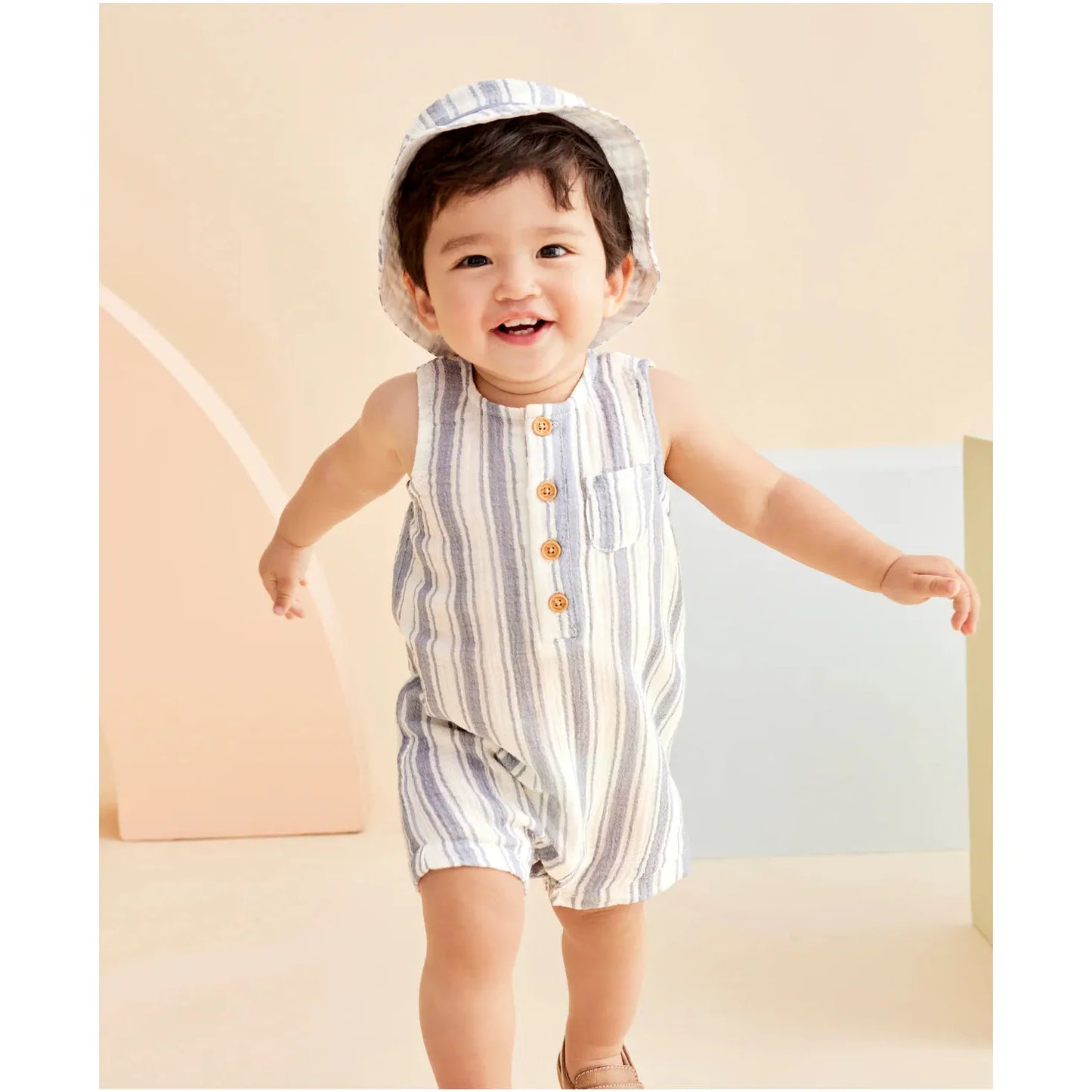 striped gauze romper & hat set
