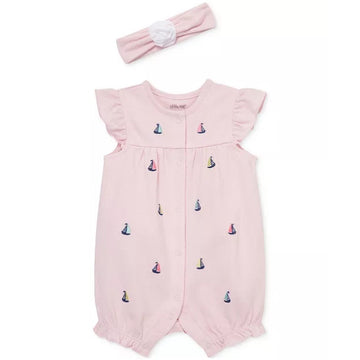Pink baby romper with sailboat embroidery and matching headband on a white background