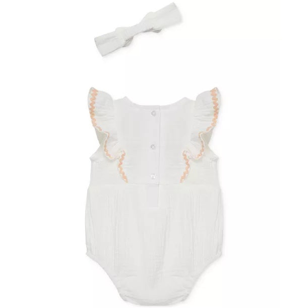 gauze embroidered flowers bubble romper