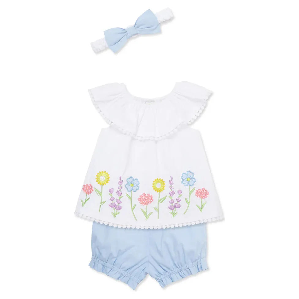 Floral Border Woven Short Set & Headband PEEK A BOO