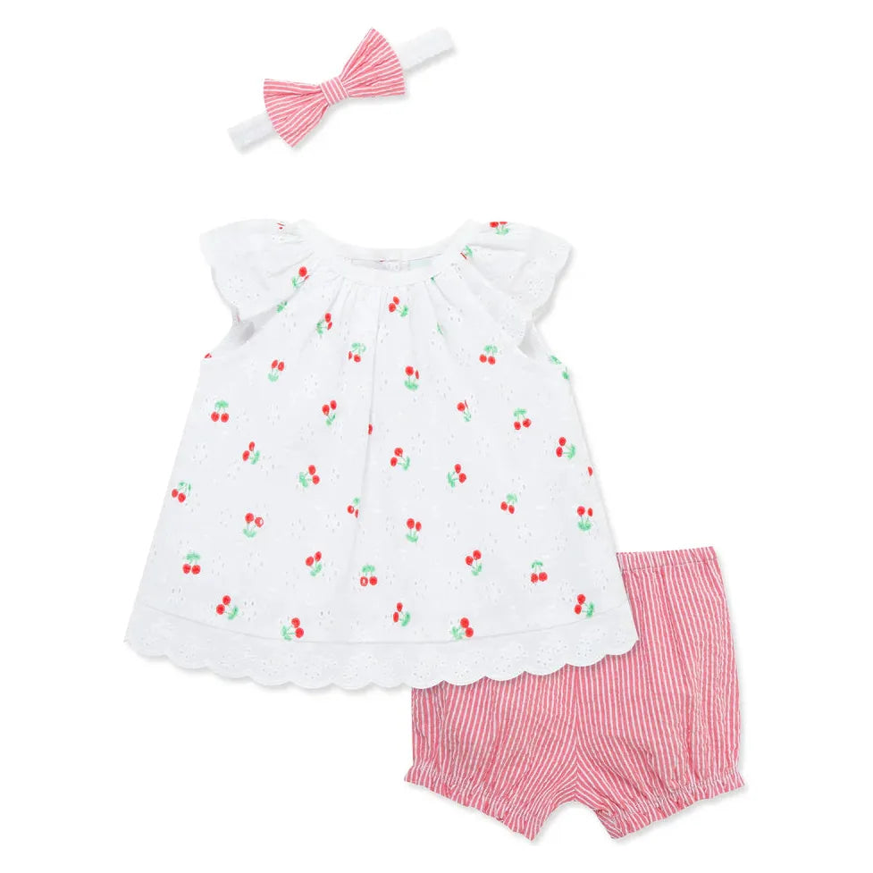 cherry eyelet woven short set & headband