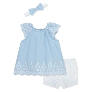 blue eyelet woven short set & headband