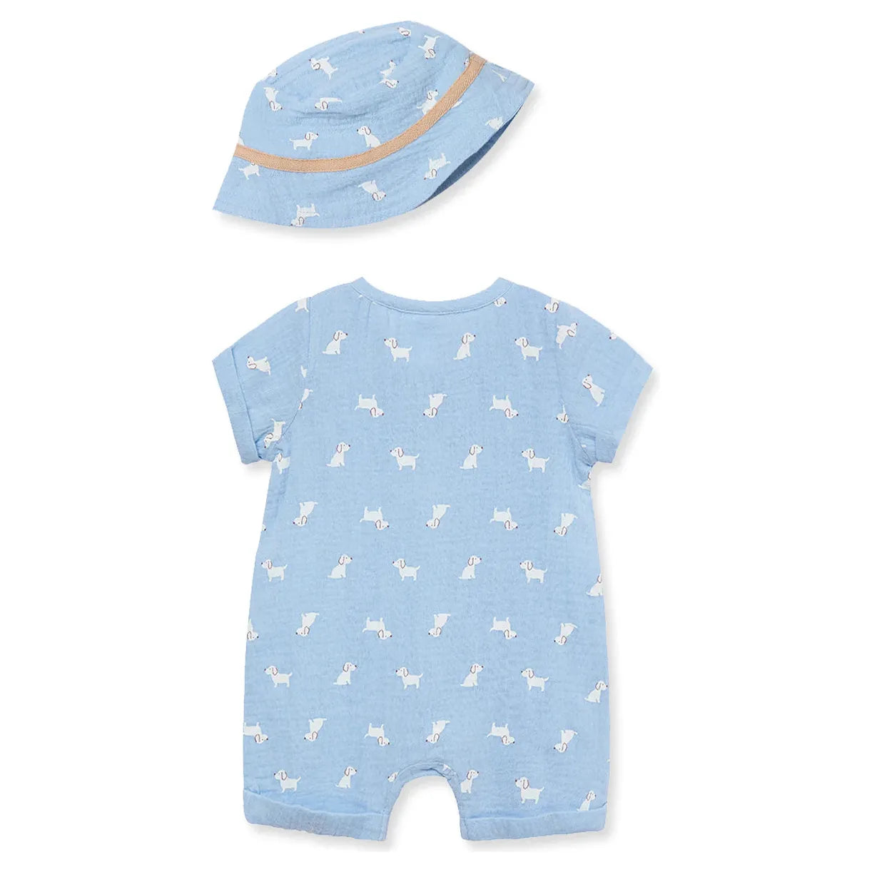 puppies gauze romper & hat peek a boo