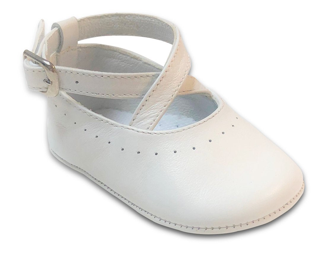 karela white pre-walk crossed straps shoes