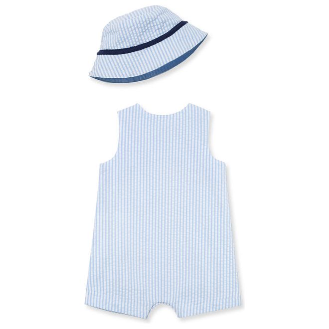 sailboat woven romper & bucket hat peek a boo