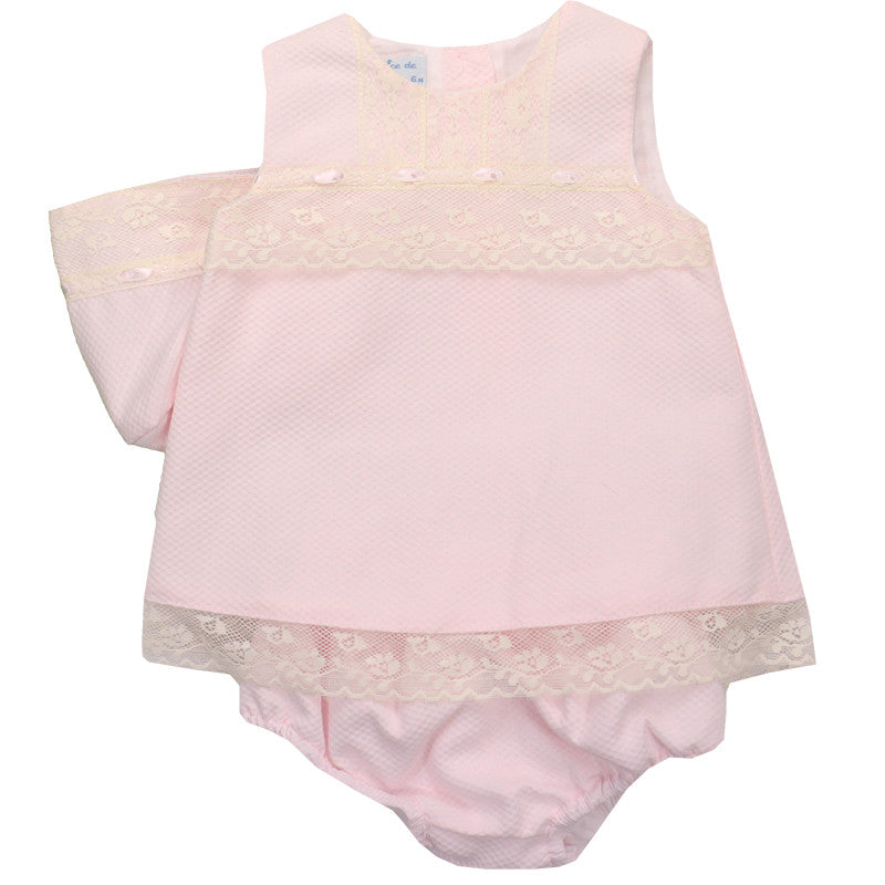 GIRLS PIQUE DRESS WITH LACE, KNICKER AND CAP PEEK A BOO