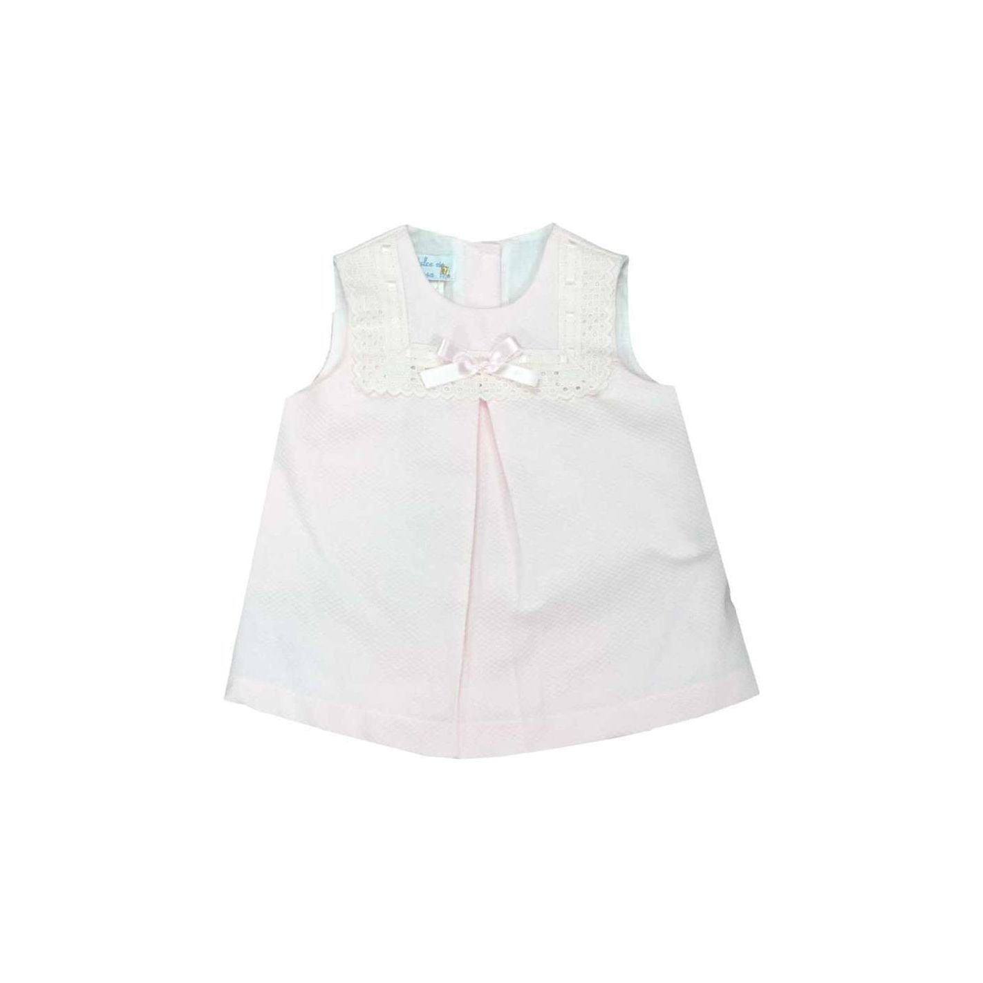 white pique dress with pink ribbon