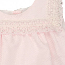 GIRLS PIQUE LACE DRESS WITH SIDE TINY BOWS, KNICKER AND CAP PEEK A BOO