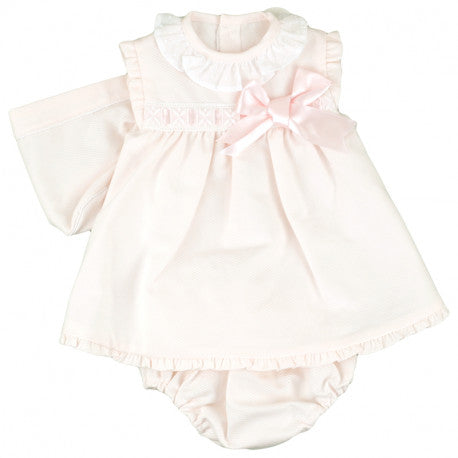 GIRLS PIQUE DRESS WITH KNICKER AND CAP PEEK A BOO