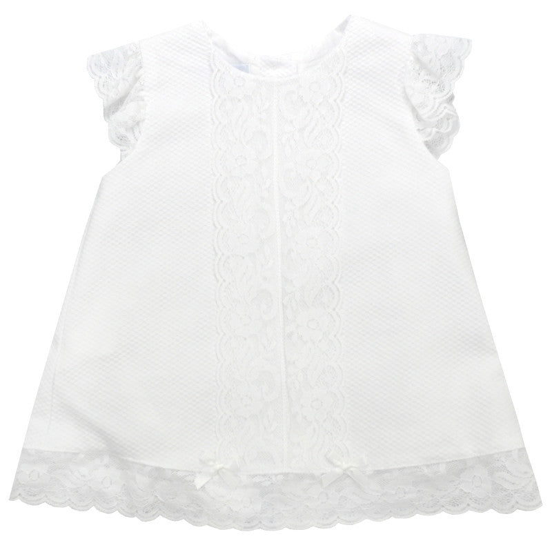 Pique white girls dress with lace PEEK A BOO