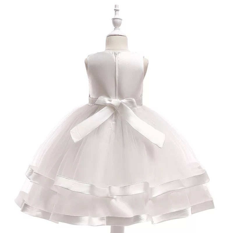 White Girls Dress Mesh Princess Puffy Dress Beaded With Bow PEEK A BOO