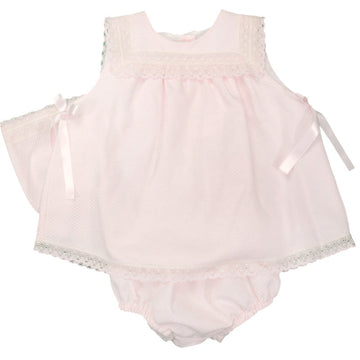 GIRLS PIQUE LACE DRESS WITH SIDE TINY BOWS, KNICKER AND CAP PEEK A BOO