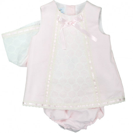 GIRLS PIQUE A LINE LACE DRESS WITH KNICKER AND BONNET PEEK A BOO