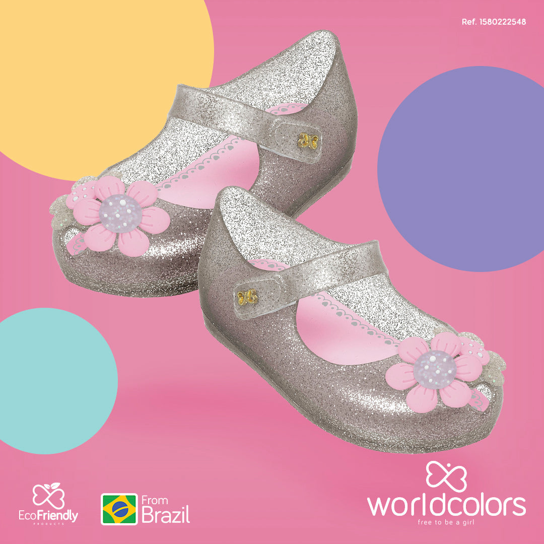 Silver Glitter Pink Flowers Ballerinas PEEK A BOO