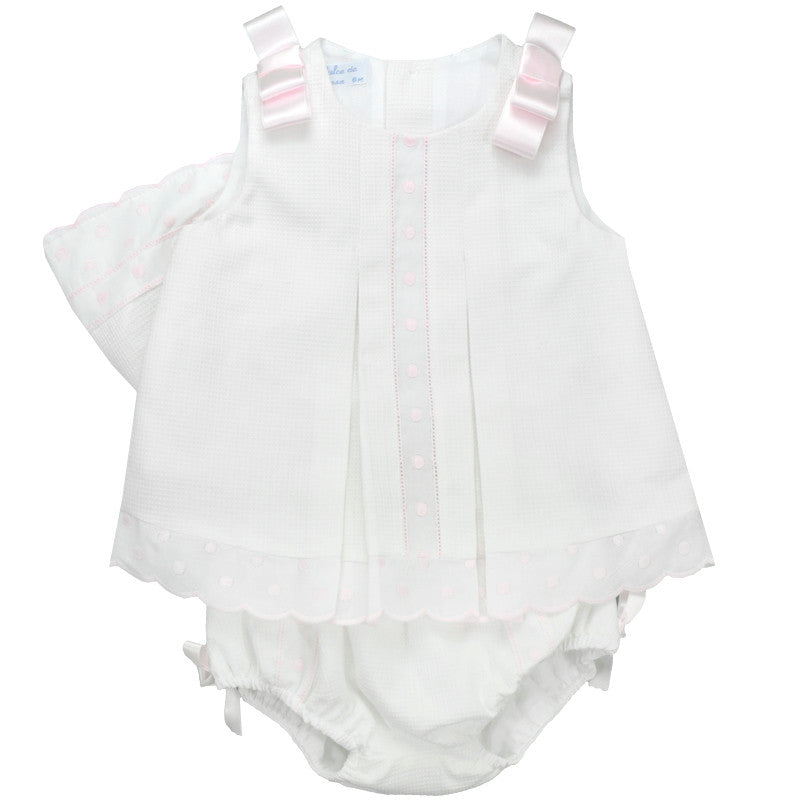 Girls Pleated Pique Dress With Knicker And Cap PEEK A BOO
