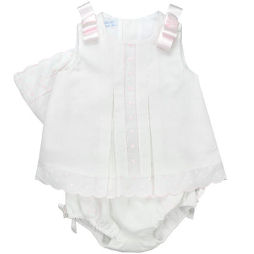 Girls Pleated Pique Dress With Knicker And Cap PEEK A BOO