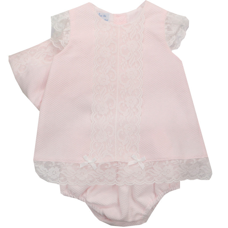 GIRLS DRESS WITH VERTICAL LACE DESIGN, KNICKER AND CAP PEEK A BOO