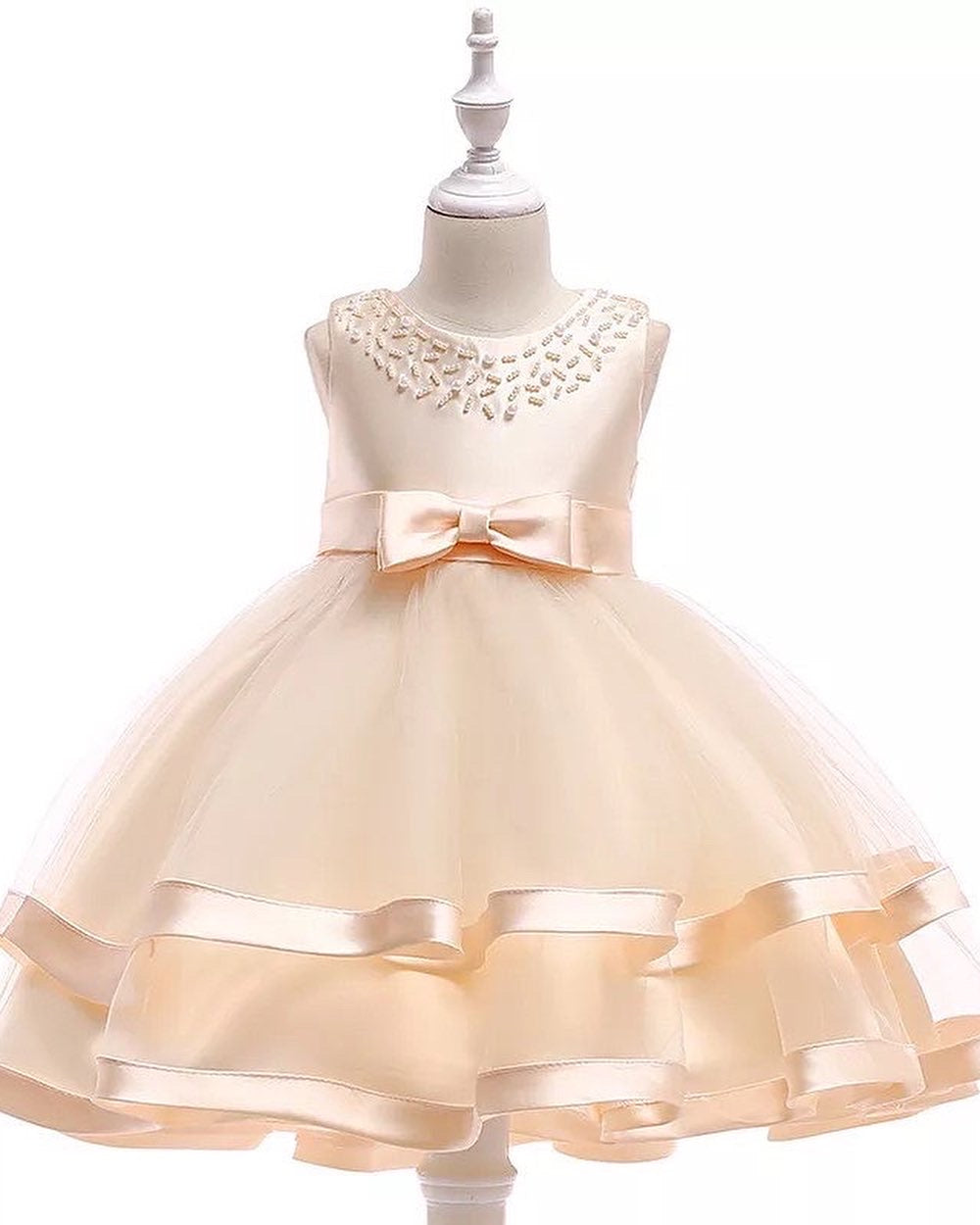ivory girls dress mesh princess puffy dress beaded with bow