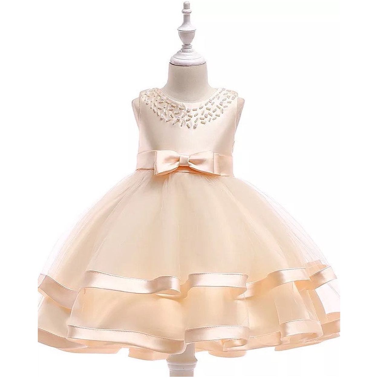ivory girls dress mesh princess puffy dress beaded with bow