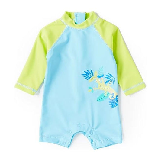Raglan Sleeve Color Block Gecko Graphic Rashguard Swim Suit