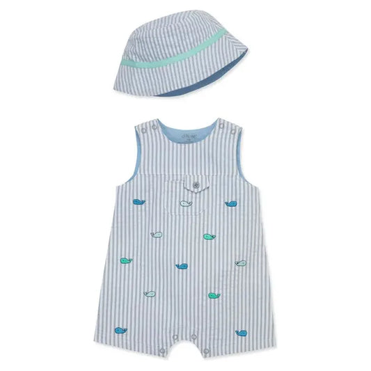 Whales Cotton Seersucker Romper & Hat Set