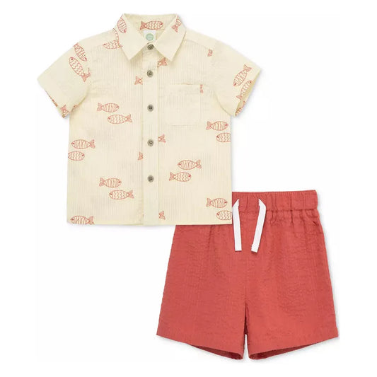 Fish-printed woven short set