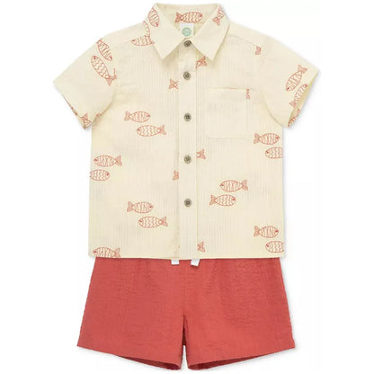 Fish-printed woven short set