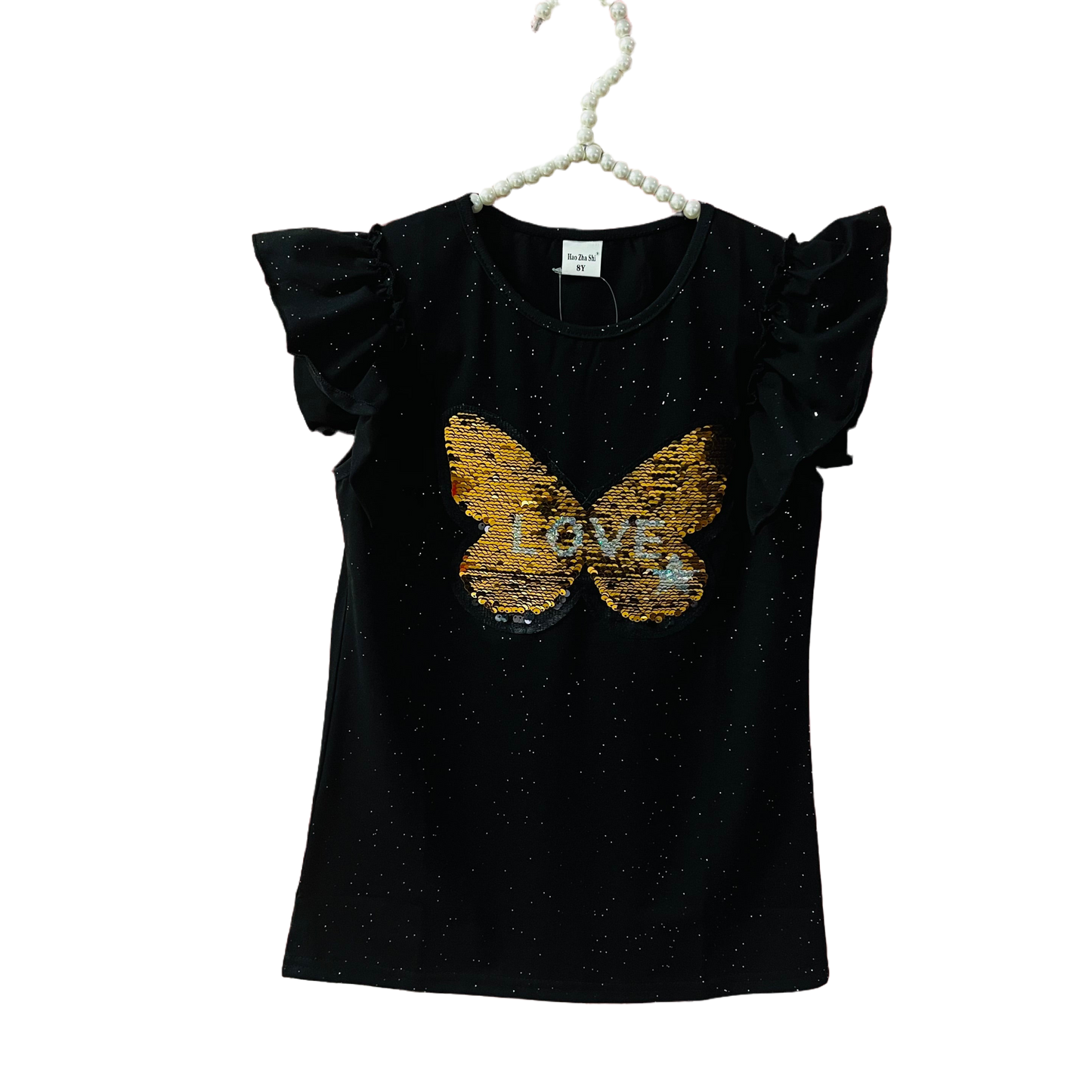 gold butterfly sequins black shirt