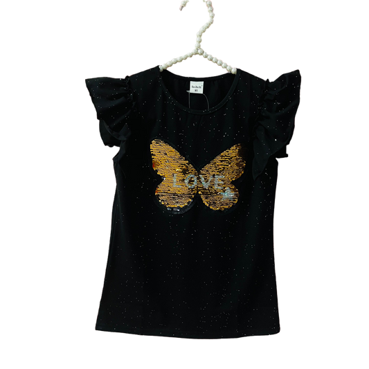 Gold Butterfly Sequins Black Shirt