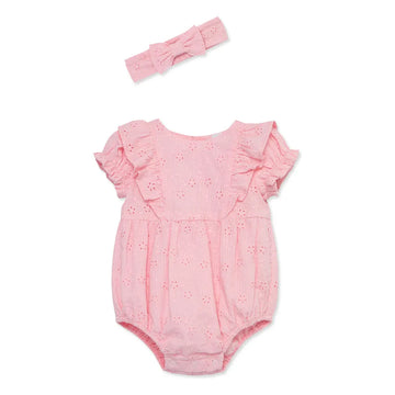 Pink Eyelet Bubble Romper & Headband Set PEEK A BOO
