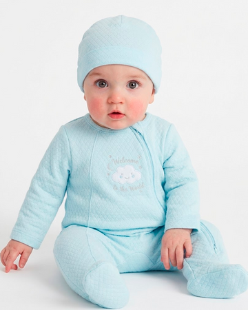 Blue Welcome to the World Footed One-Piece & Hat PEEK A BOO