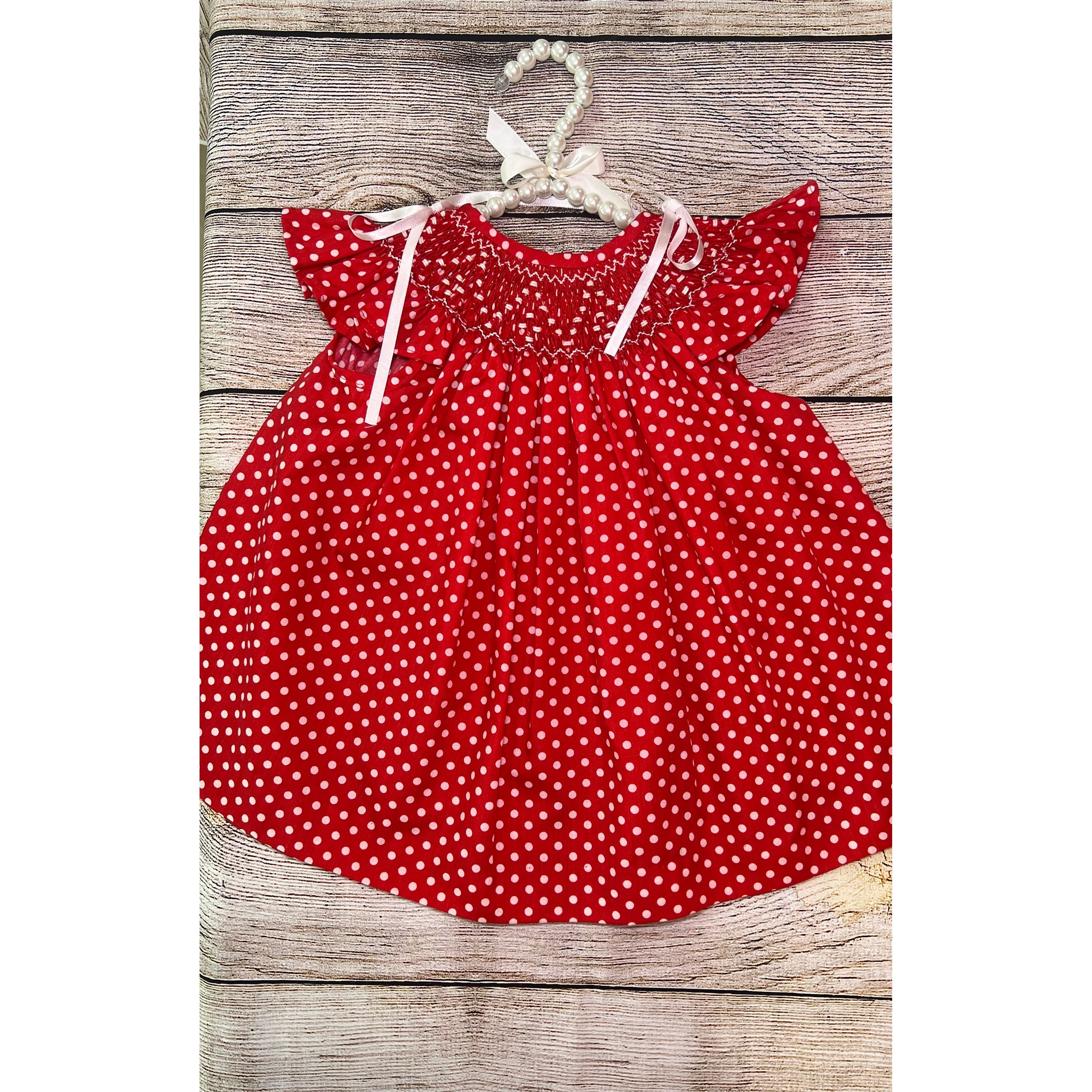 Smocked red white dots Jesucito PEEK A BOO