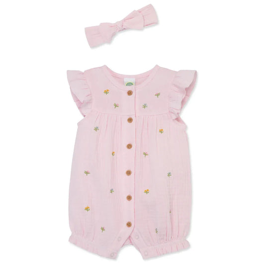 Pink Floral Gauze Romper & Headband Set