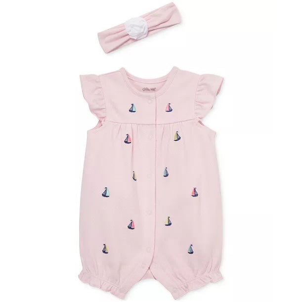Pink baby romper with sailboat embroidery and matching headband on a white background