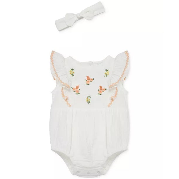 Gauze Embroidered Flowers Bubble Romper PEEK A BOO
