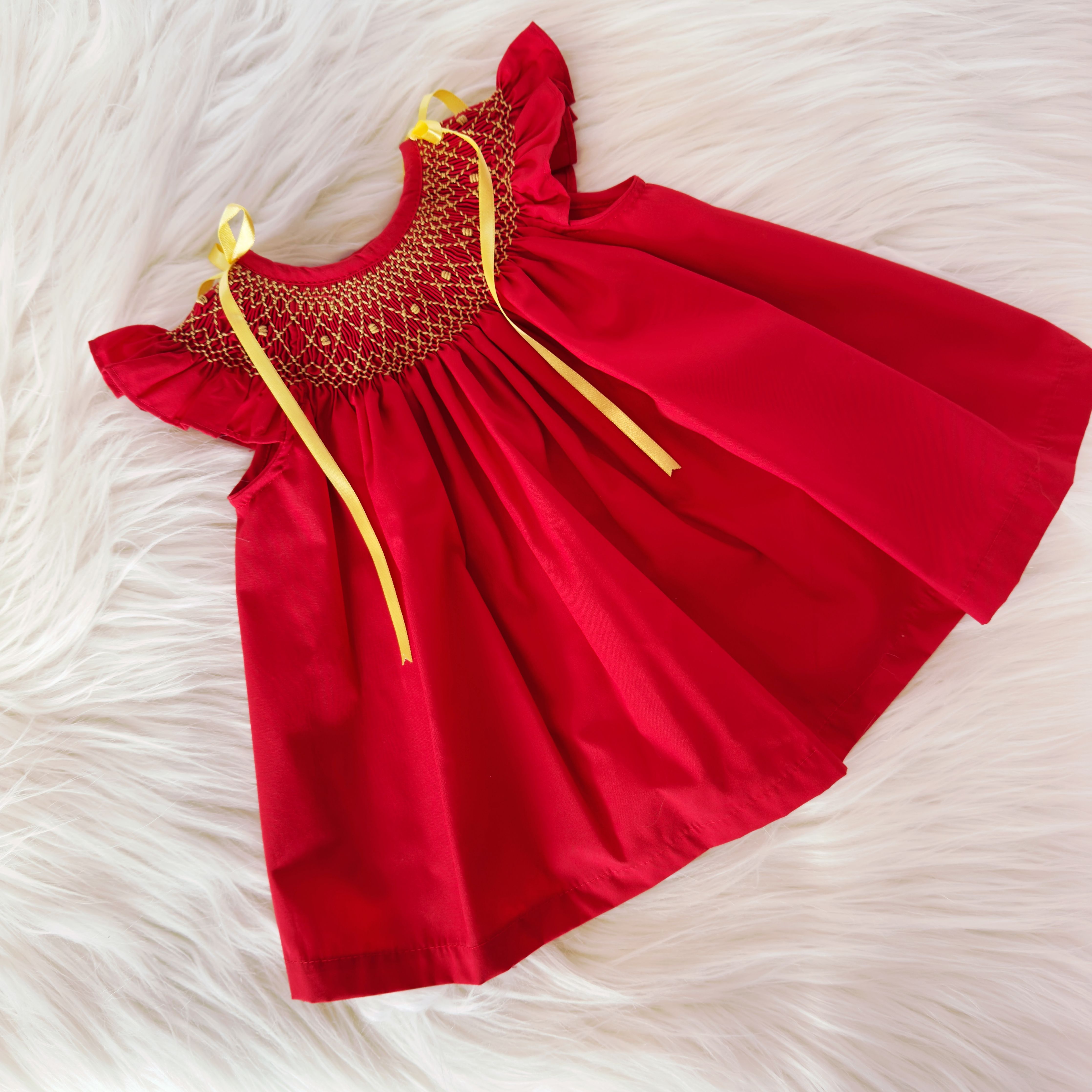 Red and Gold Smocked “Jesucito” Baby Dress PEEK A BOO
