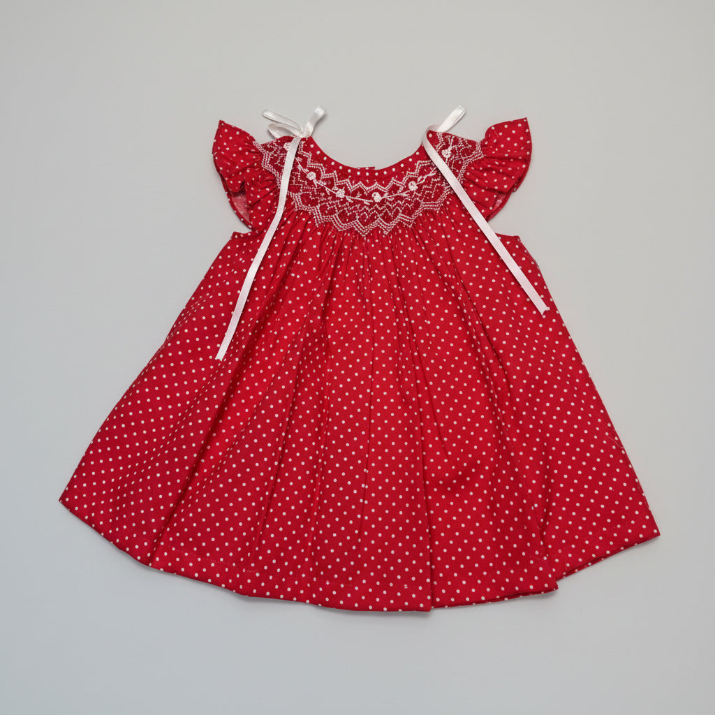 Red Smocked Dress with White Polka Dots | Handmade Look PEEK A BOO