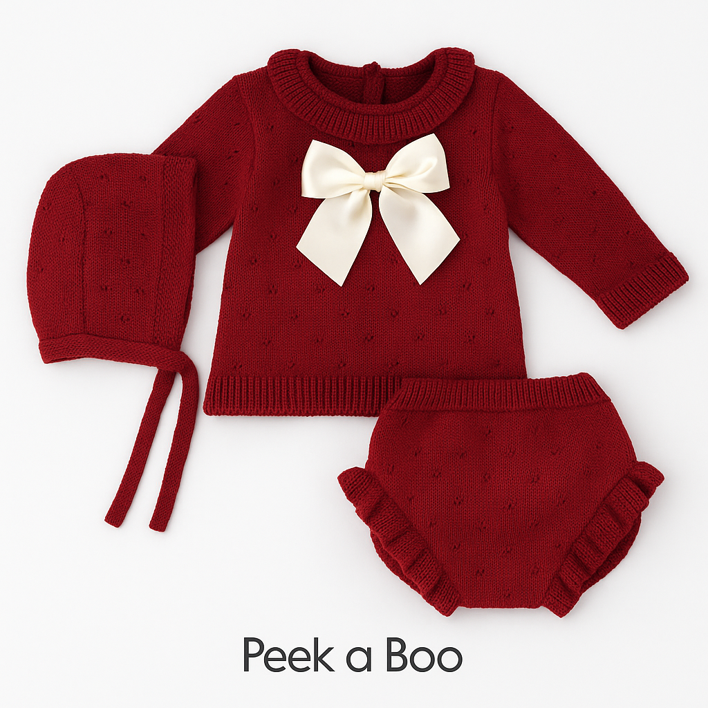 Baby Knit Set – Granate / Burgundy with Ivory Bow PEEK A BOO