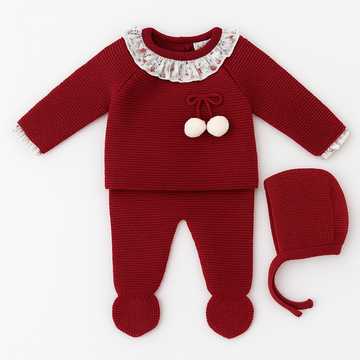 Baby Knit Set – Burgundy with Floral Collar & Pom Poms PEEK A BOO