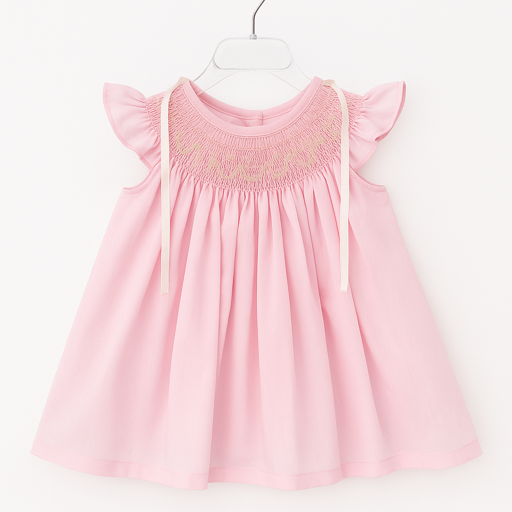 Pink Smocked “Jesucito” Baby Dress – Beige Embroidery PEEK A BOO