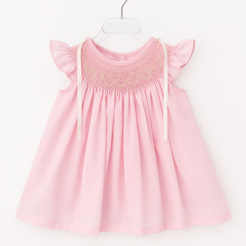 Pink Smocked “Jesucito” Baby Dress – Beige Embroidery PEEK A BOO