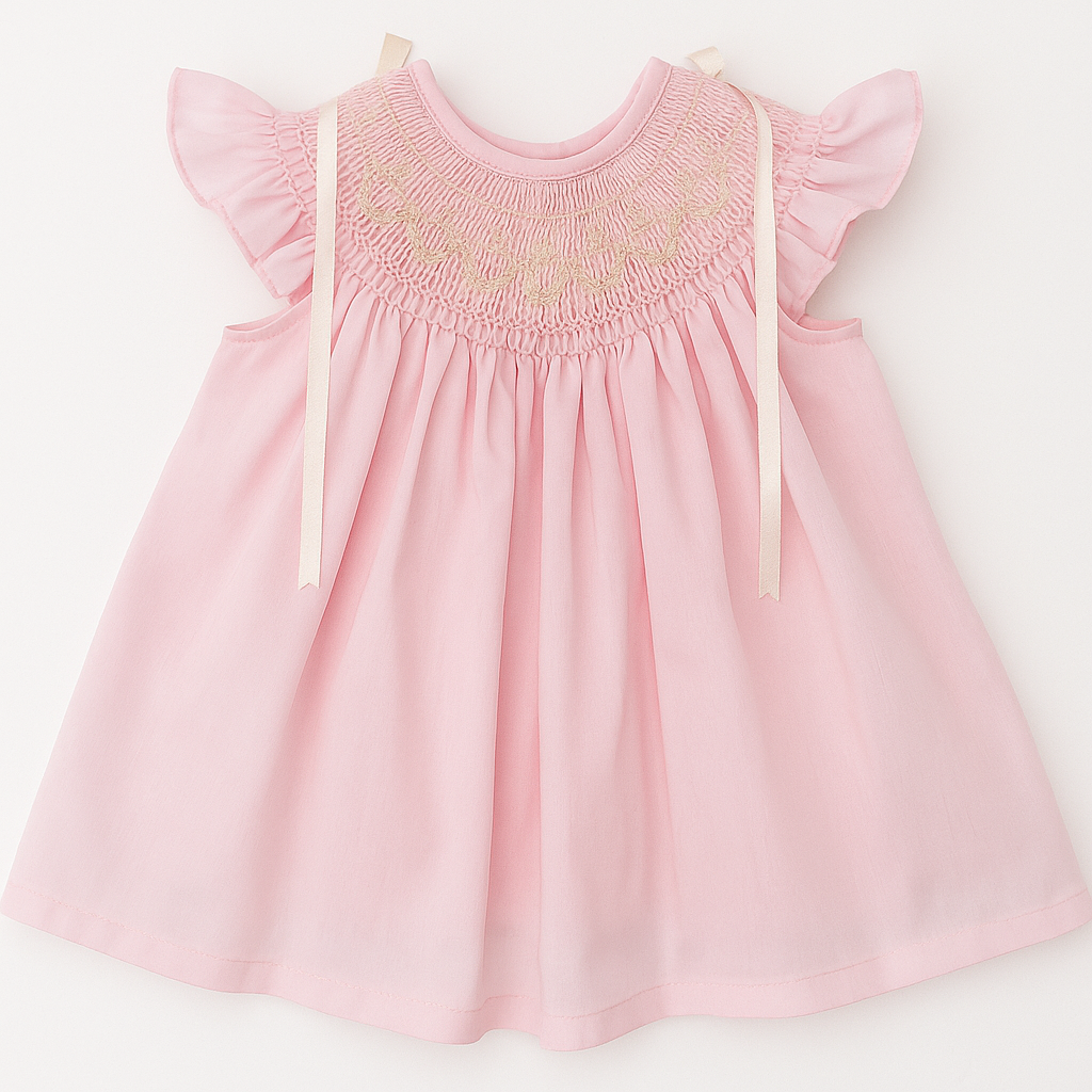 Pink Smocked “Jesucito” Baby Dress – Beige Embroidery PEEK A BOO