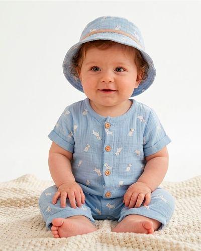 Puppies Gauze Romper & Hat PEEK A BOO