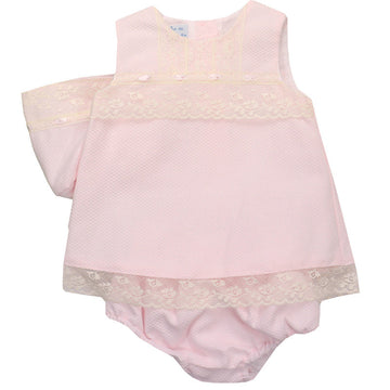 GIRLS PIQUE DRESS WITH LACE, KNICKER AND CAP PEEK A BOO
